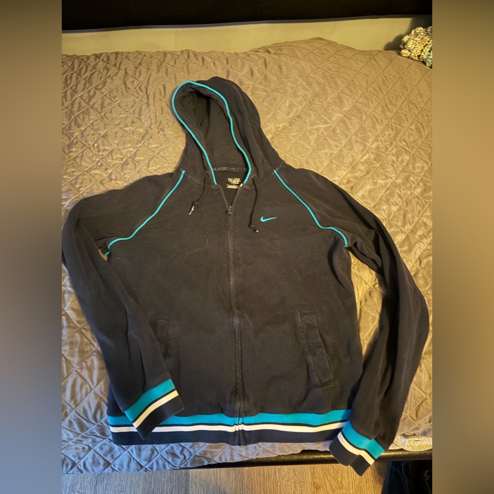 Nike Women's Black and Teal Hoodie zip up with pockets